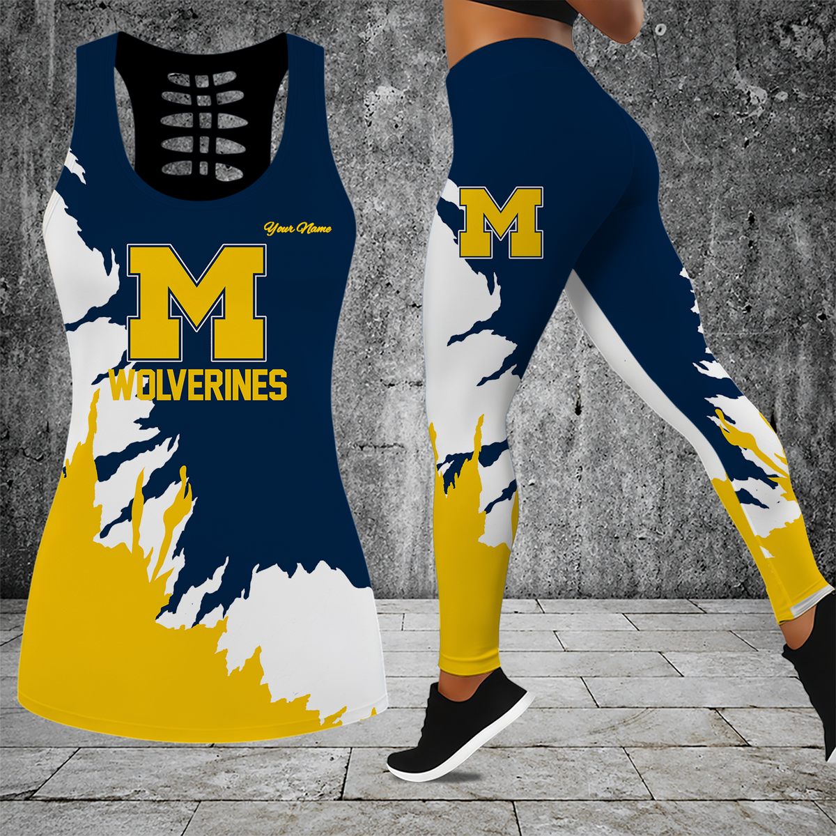 [FAN FAVORITE] NEW CUSTOMIZED NCAA CWS01 MIW MICHIGAN WOLVERINES HOLLOW TANK TOP & LEGGINGS SET