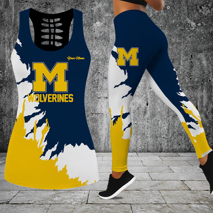 [FAN FAVORITE] NEW CUSTOMIZED NCAA CWS01 MIW MICHIGAN WOLVERINES HOLLOW TANK TOP & LEGGINGS SET