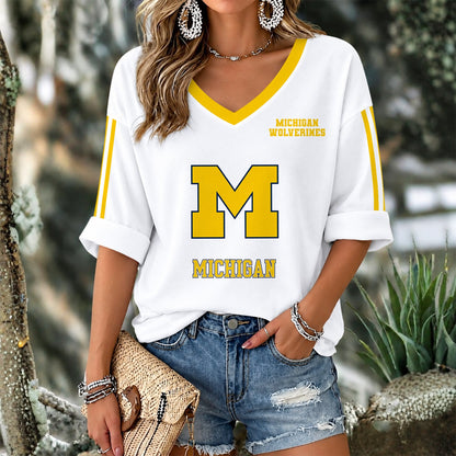 [FAN FAVORITE] NEW CUSTOMIZED NCAA CWS01 MIW MICHIGAN WOLVERINES WOMEN'S V-NECK LONG SLEEVE SHIRT