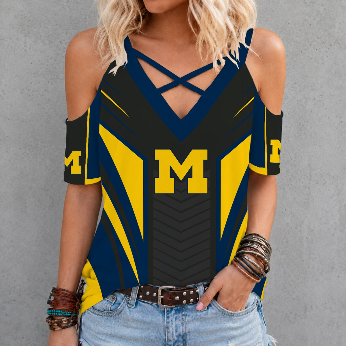 [FAN FAVORITE] NEW CUSTOMIZED NCAA CWS01 MIW MICHIGAN WOLVERINES CRISS CROSS V-NECK TOP