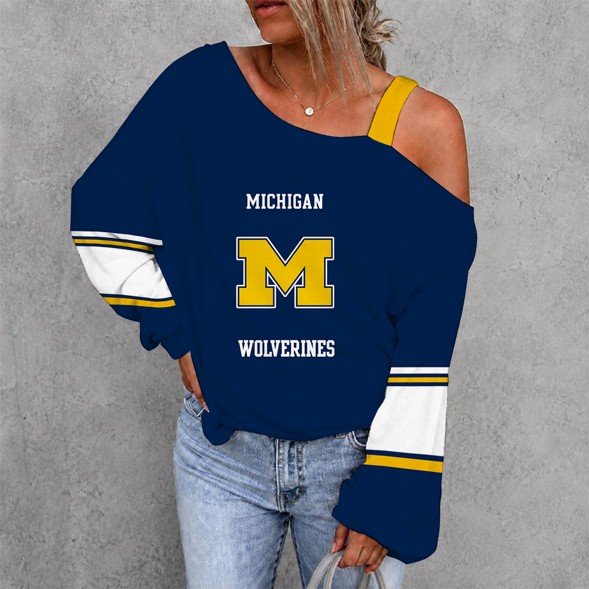 [FAN FAVORITE] NEW CUSTOMIZED NCAA CWS01 MIW MICHIGAN WOLVERINES WOMEN'S OFF-SHOULDER LONG SLEEVE SHIRT