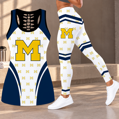 [FAN FAVORITE] NEW CUSTOMIZED NCAA CWS01 MIW MICHIGAN WOLVERINES HOLLOW TANK TOP & LEGGINGS SET