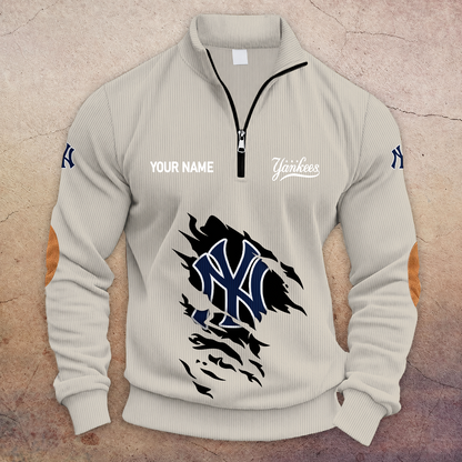 [FLASH SALE] NEW CUSTOMIZED MLB01 NYY NEW YORK YANKEES MULTICOLOR STRIPED QUATER ZIP SWEATSHIRT