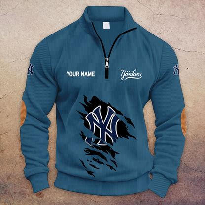 [FLASH SALE] NEW CUSTOMIZED MLB01 NYY NEW YORK YANKEES MULTICOLOR STRIPED QUATER ZIP SWEATSHIRT