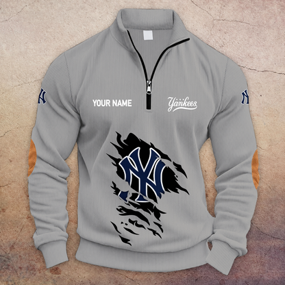 [FLASH SALE] NEW CUSTOMIZED MLB01 NYY NEW YORK YANKEES MULTICOLOR STRIPED QUATER ZIP SWEATSHIRT