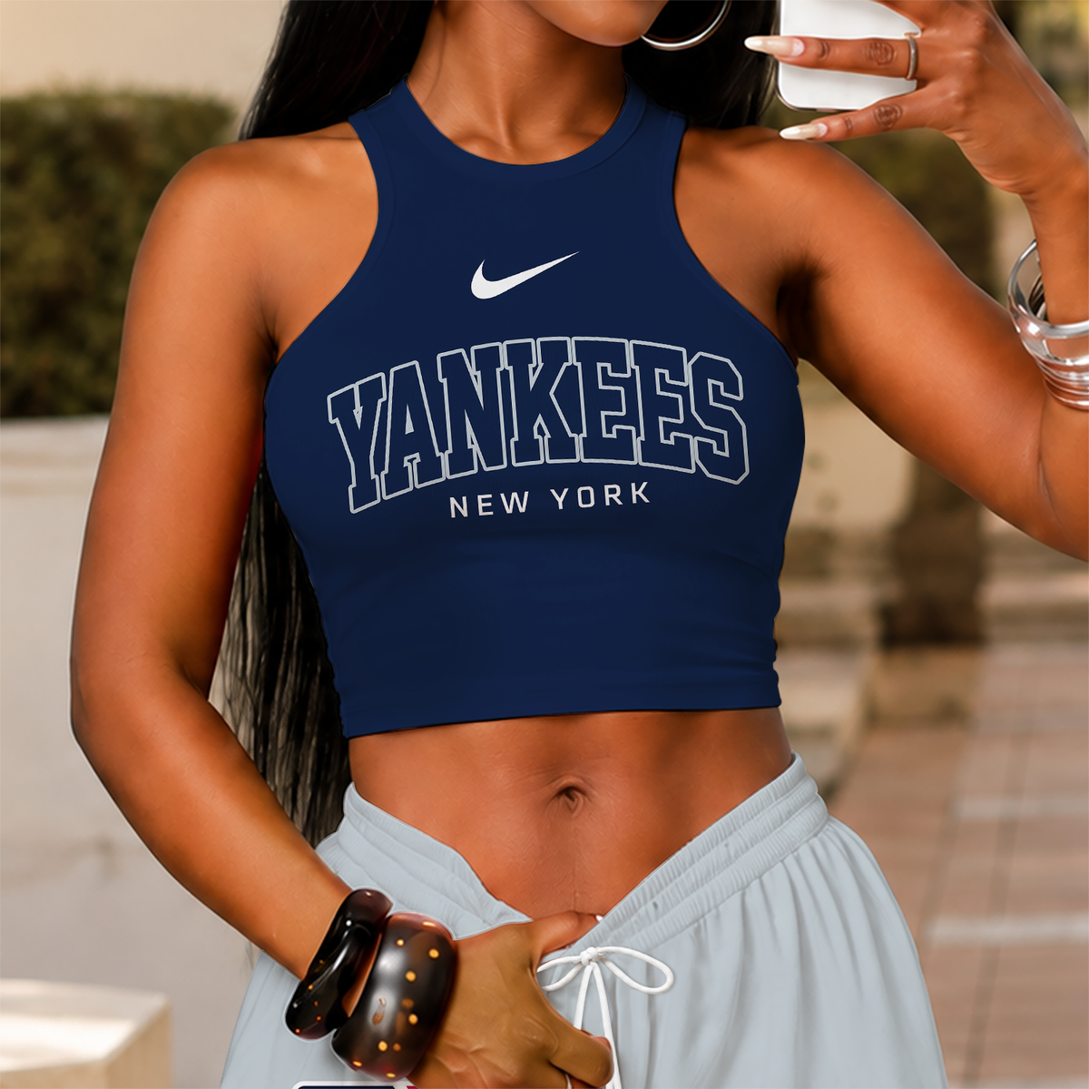 [FLASH SALE] NEW CUSTOMIZED MLB01 NYY NEW YORK YANKEES WOMEN'S CROP TOP & LONGPANTS SET
