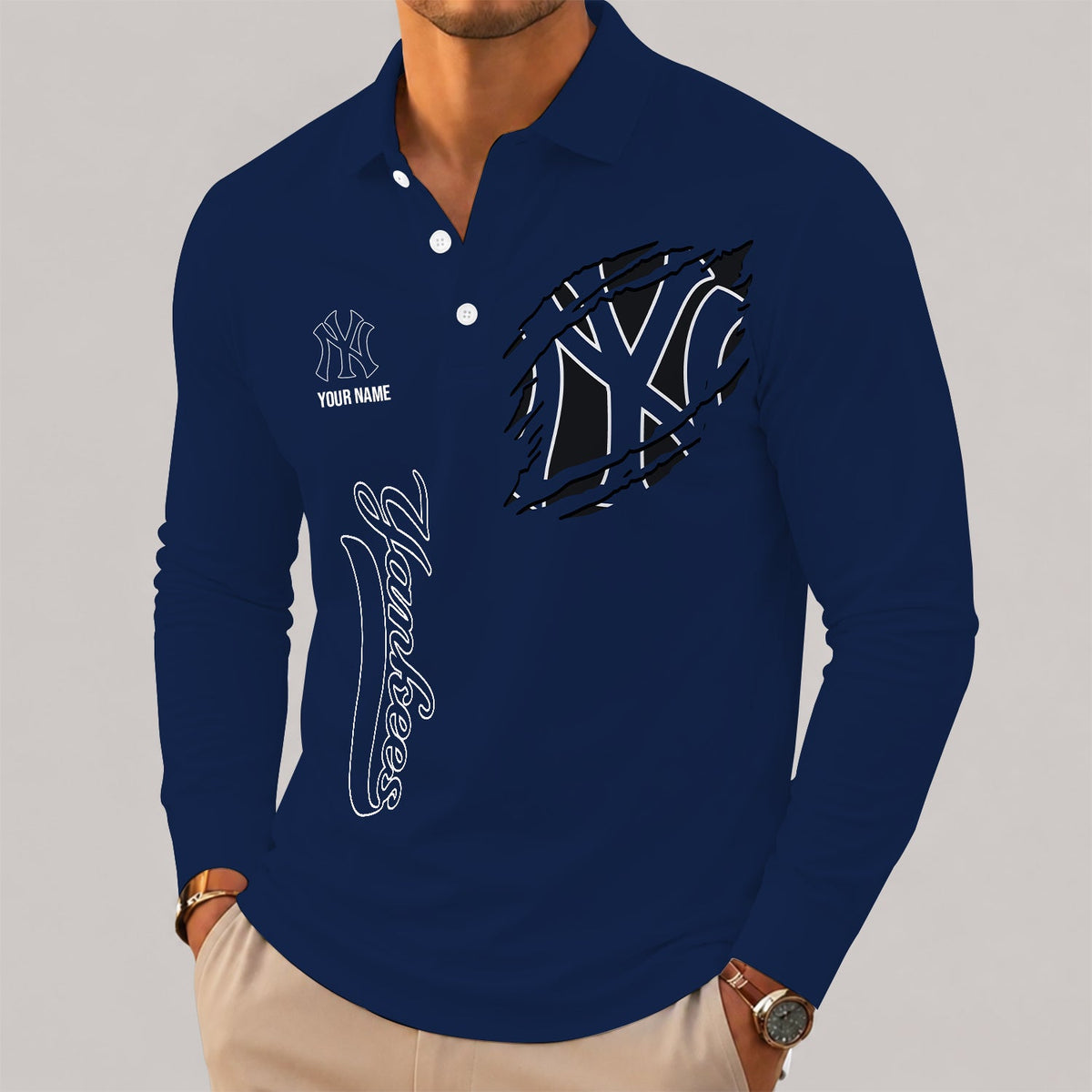 [FLASH SALE] NEW CUSTOMIZED MLB01 NYY NEW YORK YANKEES MEN'S LONG SLEEVE POLO