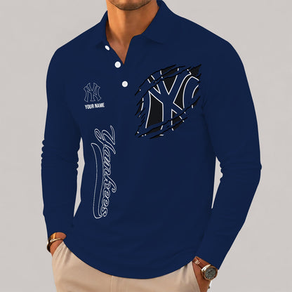 [FLASH SALE] NEW CUSTOMIZED MLB01 NYY NEW YORK YANKEES MEN'S LONG SLEEVE POLO