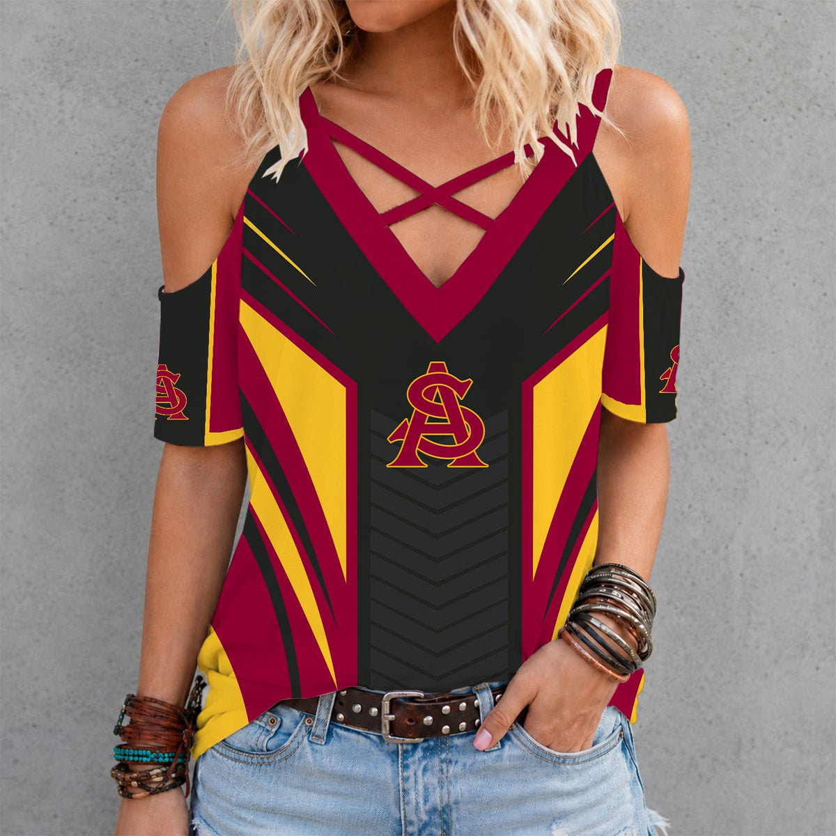[FAN FAVORITE] NEW CUSTOMIZED NCAA CWS02 ASS ARIZONA STATE SUN DEVILS CRISS CROSS V-NECK TOP