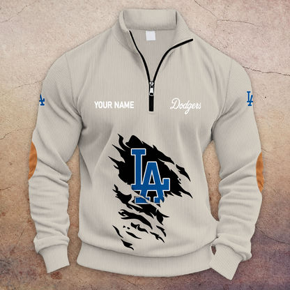 [FLASH SALE] NEW CUSTOMIZED MLB02 LAD LOS ANGELES DODGERS MULTICOLOR STRIPED QUATER ZIP SWEATSHIRT