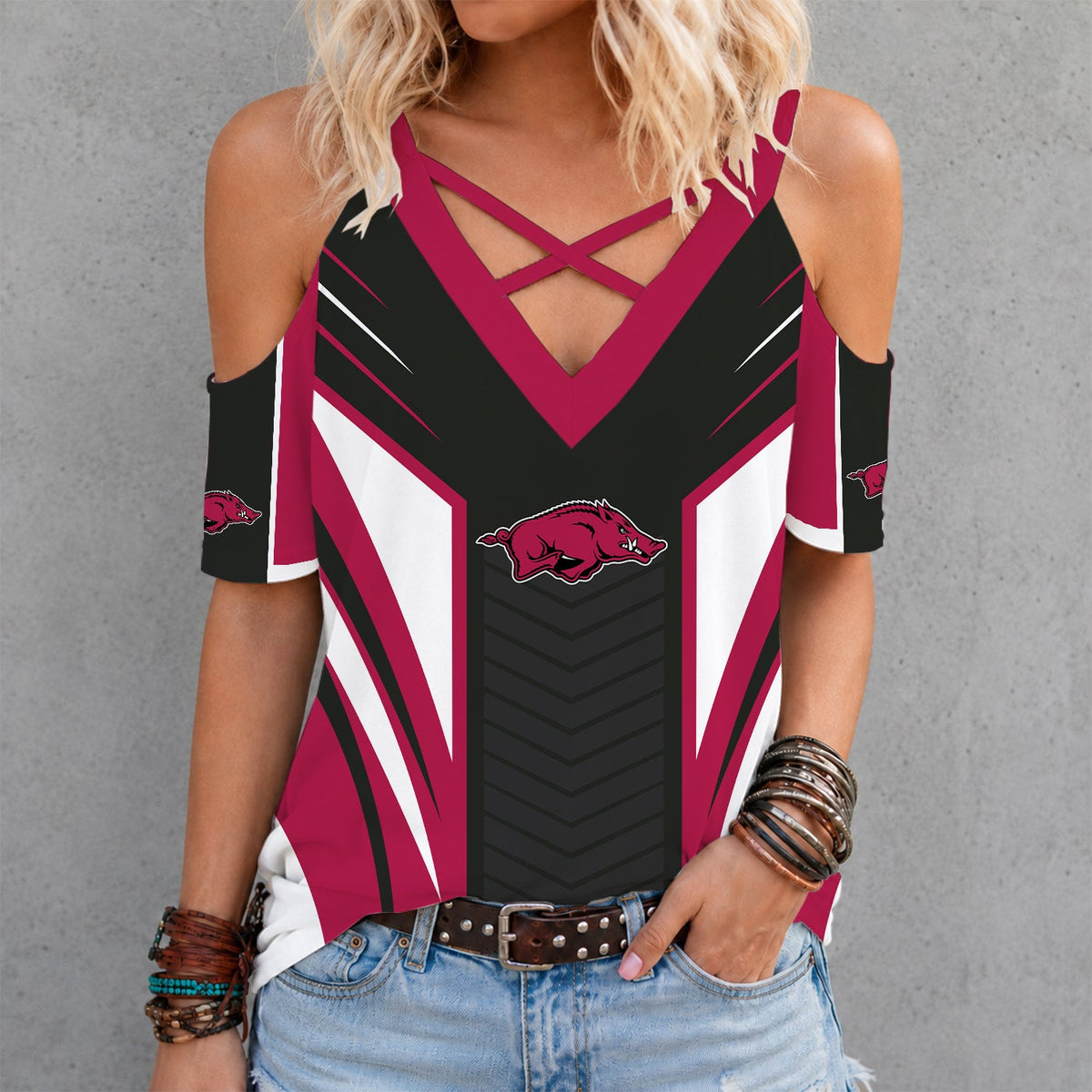 [FAN FAVORITE] NEW CUSTOMIZED NCAA CWS03 AKR ARKANSAS RAZORBACKS CRISS CROSS V-NECK TOP