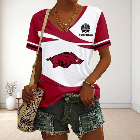 [FLASH SALE] NEW CUSTOMIZED | NCAA CWS03 AKR AK RAZORBACKS V-NECK FEMALE SHIRT