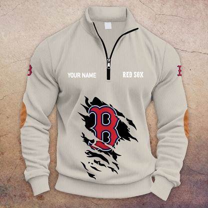 [FLASH SALE] NEW CUSTOMIZED MLB03 BRS BOSTON RED SOX MULTICOLOR STRIPED QUATER ZIP SWEATSHIRT