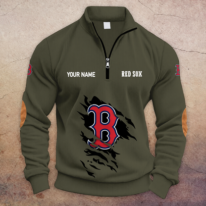 [FLASH SALE] NEW CUSTOMIZED MLB03 BRS BOSTON RED SOX MULTICOLOR STRIPED QUATER ZIP SWEATSHIRT