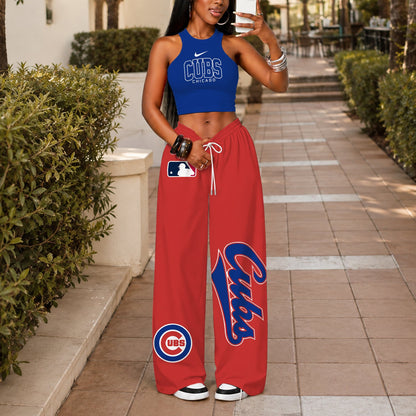 [FLASH SALE] NEW CUSTOMIZED MLB04 CCS CHICAGO CUBS WOMEN'S CROP TOP & LONGPANTS SET