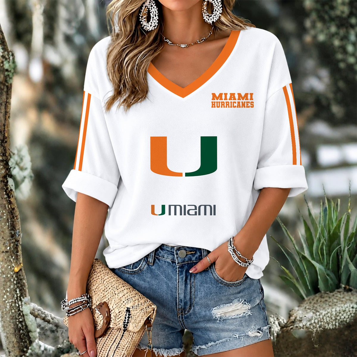 [FAN FAVORITE] NEW CUSTOMIZED NCAA CWS04 MIH MIAMI HURRICANES WOMEN'S V-NECK LONG SLEEVE SHIRT