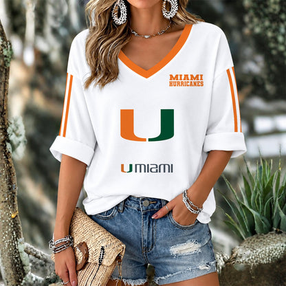 [FAN FAVORITE] NEW CUSTOMIZED NCAA CWS04 MIH MIAMI HURRICANES WOMEN'S V-NECK LONG SLEEVE SHIRT