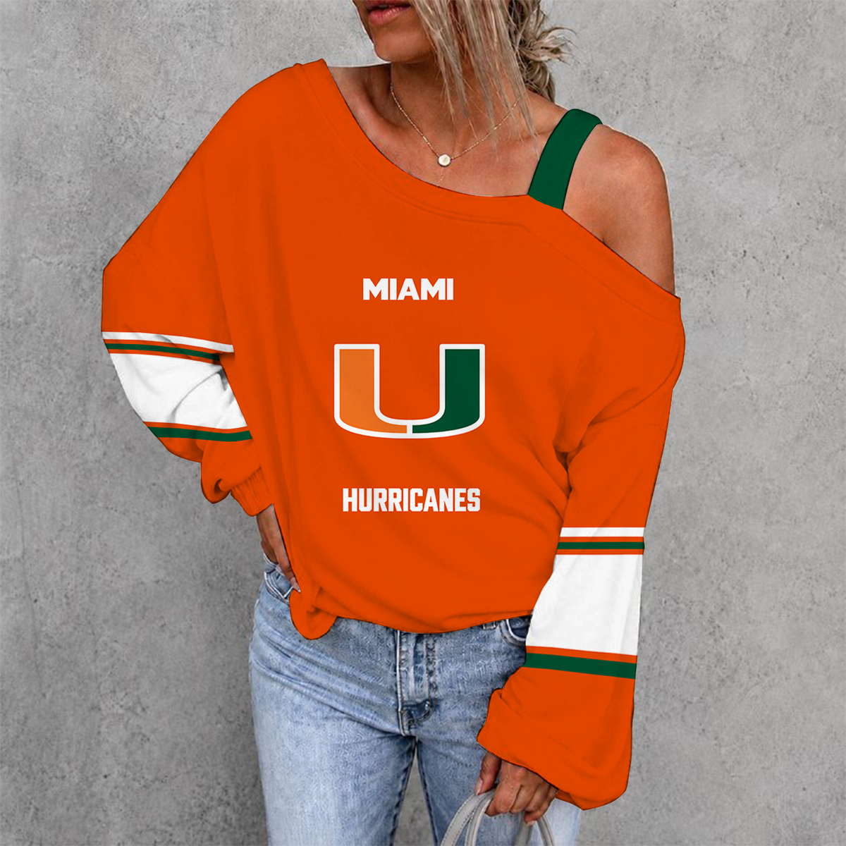 [FAN FAVORITE] NEW CUSTOMIZED NCAA CWS04 MIH MIAMI HURRICANES WOMEN'S OFF-SHOULDER LONG SLEEVE SHIRT