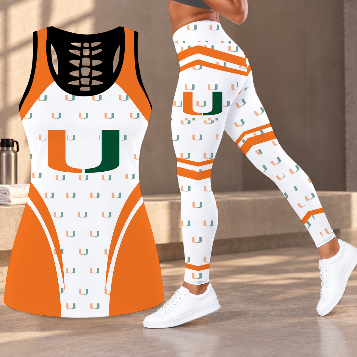 [FAN FAVORITE] NEW CUSTOMIZED NCAA CWS04 MIH MIAMI HURRICANES HOLLOW TANK TOP & LEGGINGS SET