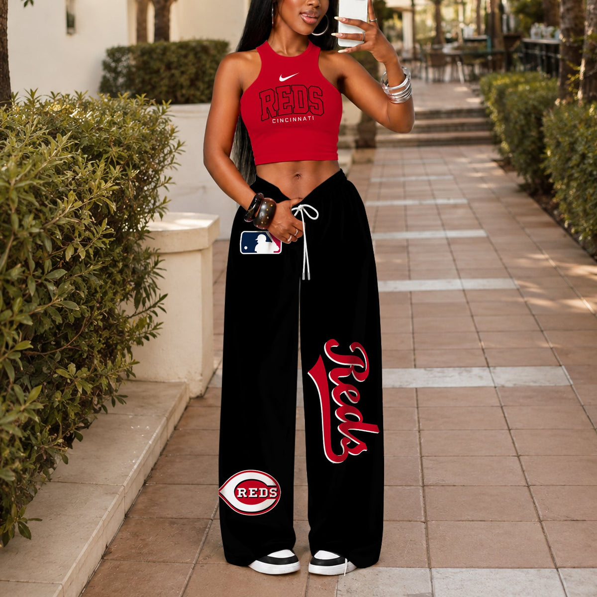 [FLASH SALE] NEW CUSTOMIZED MLB05 CRS CINCINNATI REDS WOMEN'S CROP TOP & LONGPANTS SET
