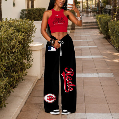 [FLASH SALE] NEW CUSTOMIZED MLB05 CRS CINCINNATI REDS WOMEN'S CROP TOP & LONGPANTS SET