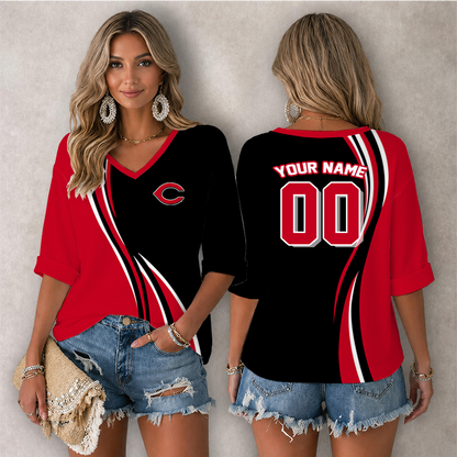 [FLASH SALE] NEW CUSTOMIZED MLB05 CRS CINCINNATI REDS WOMEN'S HEART V-NECK LONG SLEEVE SHIRT