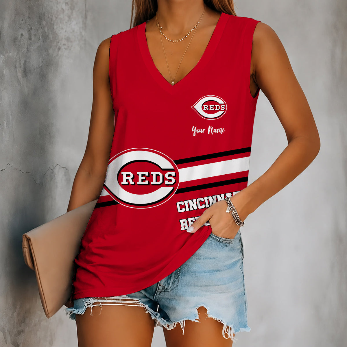 [FLASH SALE] NEW CUSTOMIZED MLB05 CRS CINCINNATI REDS WOMEN'S V-NECK TANK TOP