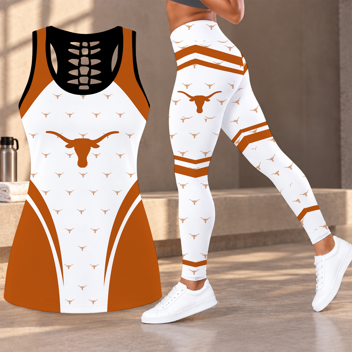 [FAN FAVORITE] NEW CUSTOMIZED NCAA CWS05 TXL TEXAS LONGHORNS HOLLOW TANK TOP & LEGGINGS SET