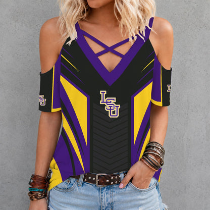 [FAN FAVORITE] NEW CUSTOMIZED NCAA CWS07 LST LSU TIGERS CRISS CROSS V-NECK TOP