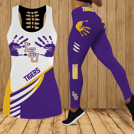 [FAN FAVORITE] NEW CUSTOMIZED NCAA CWS07 LST LSU TIGERS HOLLOW TANK TOP & LEGGINGS SET