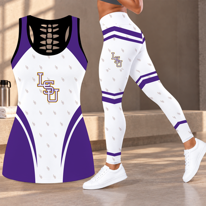 [FAN FAVORITE] NEW CUSTOMIZED NCAA CWS07 LST LSU TIGERS HOLLOW TANK TOP & LEGGINGS SET