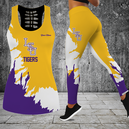 [FAN FAVORITE] NEW CUSTOMIZED NCAA CWS07 LST LSU TIGERS HOLLOW TANK TOP & LEGGINGS SET