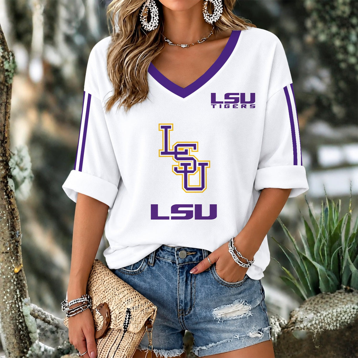 [FAN FAVORITE] NEW CUSTOMIZED NCAA CWS07 LST LSU TIGERS WOMEN'S V-NECK LONG SLEEVE SHIRT