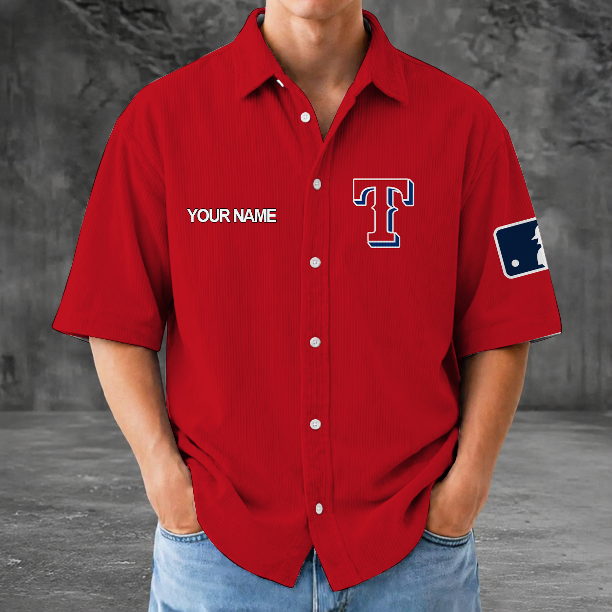 [FLASH SALE] NEW CUSTOMIZED MLB08 TRS TEXAS RANGERS SEERSUCKER BUTTON SHIRT