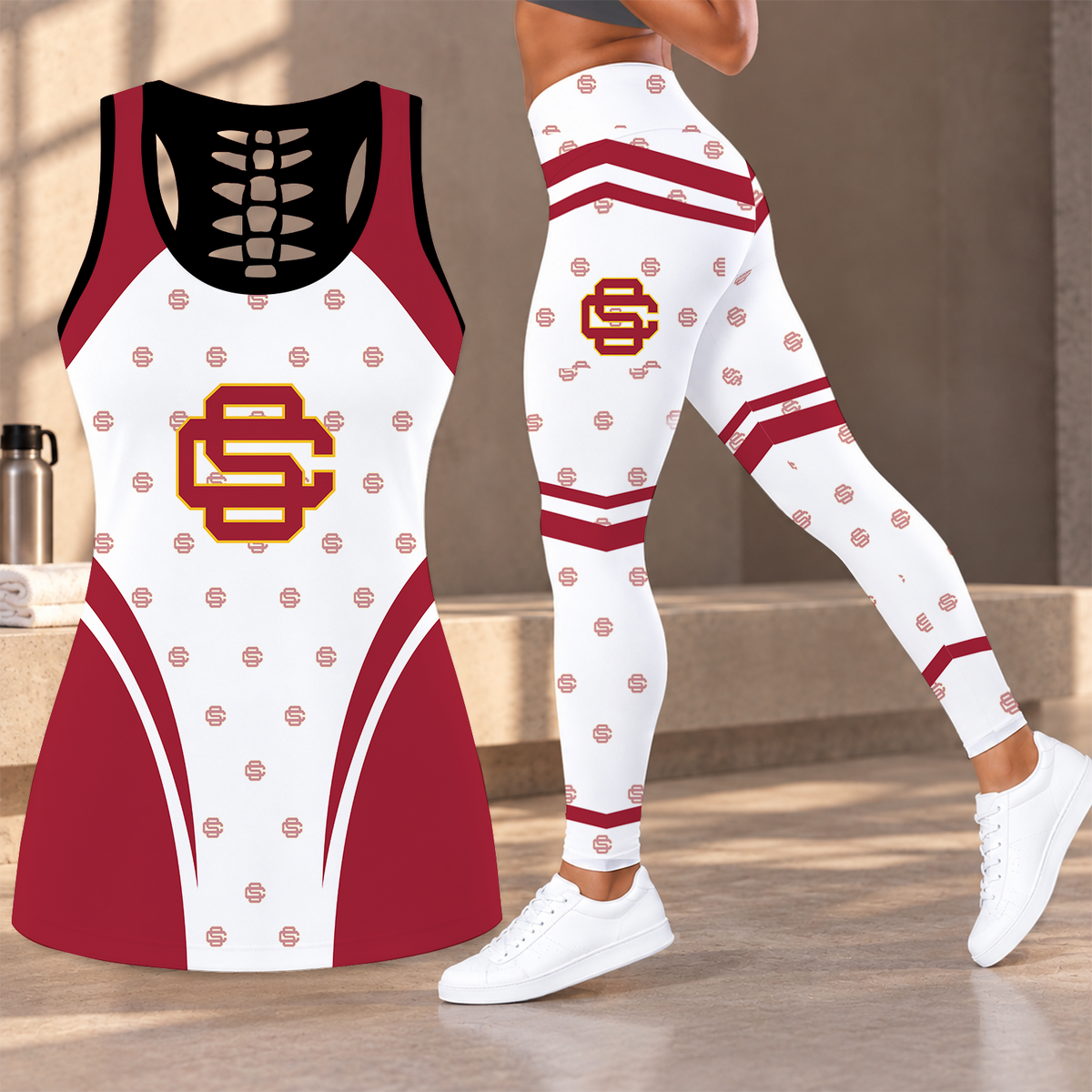 [FAN FAVORITE] NEW CUSTOMIZED NCAA CWS09 USC USC TROJANS HOLLOW TANK TOP & LEGGINGS SET