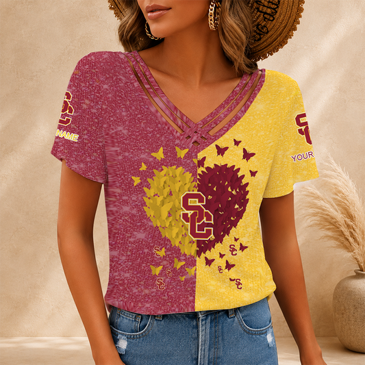 [FAN FAVORITE] NEW CUSTOMIZED NCAA CWS09 USC USC TROJANS V-NECK SHIRT