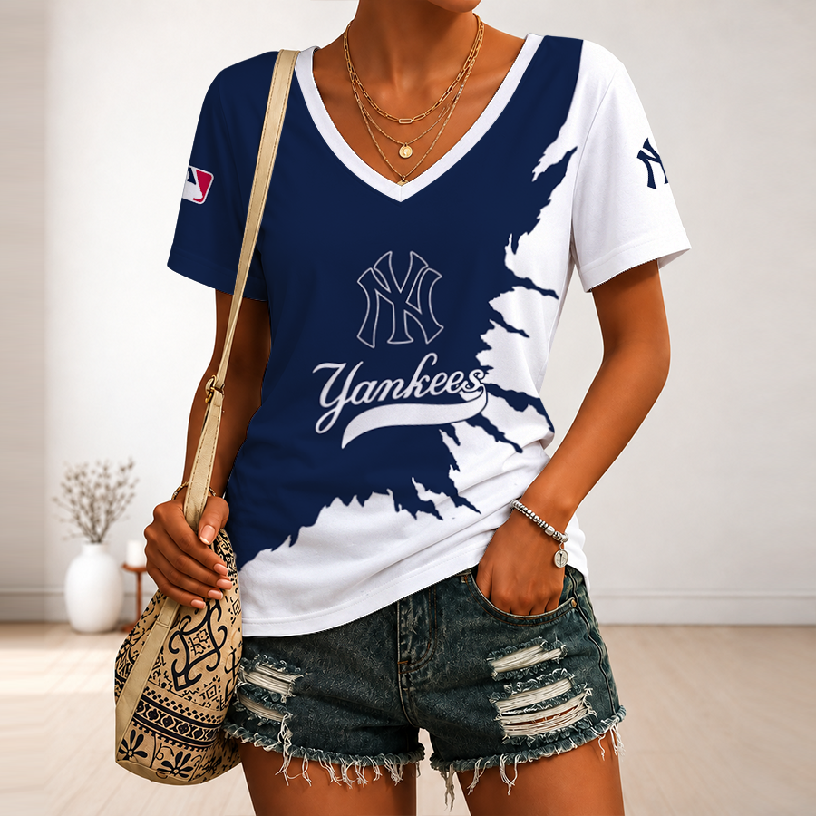 [FLASH SALE] NEW CUSTOMIZED MLB01 NYY NEW YORK YANKEES V-NECK FEMALE SHIRT