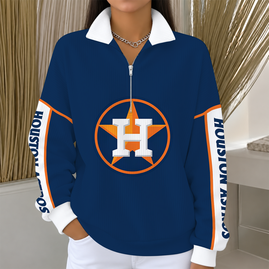 [SPECIAL OFFER] NEW CUSTOMIZED MLB10 HAS HOUSTON ASTROS QUARTER ZIP RIBBED SWEATER