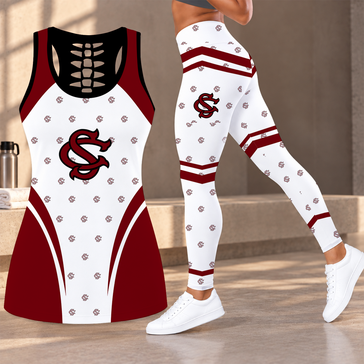 [FAN FAVORITE] NEW CUSTOMIZED NCAA CWS10 SCG SOUTH CAROLINA GAMECOCKS HOLLOW TANK TOP & LEGGINGS SET