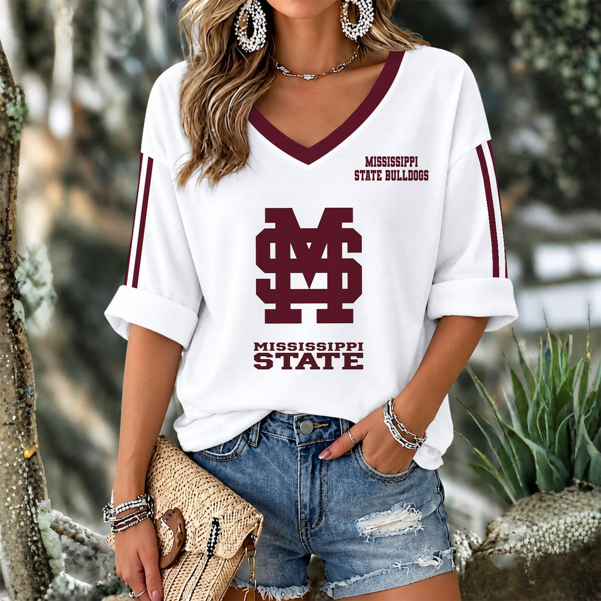[FAN FAVORITE] NEW CUSTOMIZED NCAA CWS11 MSB MISSISSIPPI STATE BULLDOGS WOMEN'S V-NECK LONG SLEEVE SHIRT