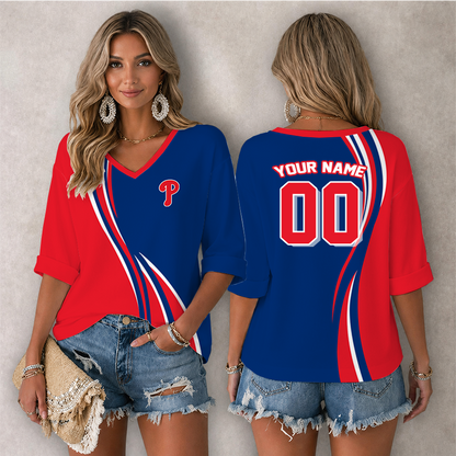 [FLASH SALE] NEW CUSTOMIZED MLB11 PPS PHILADELPHIA PHILLIES WOMEN'S HEART V-NECK LONG SLEEVE SHIRT