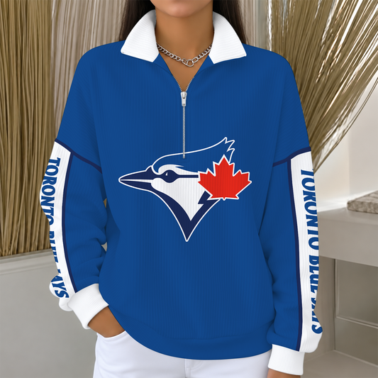 [SPECIAL OFFER] NEW CUSTOMIZED MLB12 TBJ TORONTO BLUE JAYS QUARTER ZIP RIBBED SWEATER