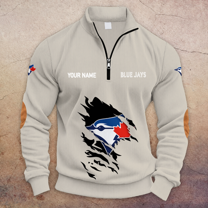 [FLASH SALE] NEW CUSTOMIZED MLB12 TBJ TORONTO BLUE JAYS MULTICOLOR STRIPED QUATER ZIP SWEATSHIRT
