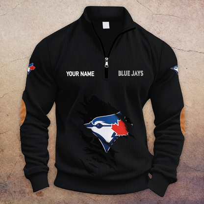 [FLASH SALE] NEW CUSTOMIZED MLB12 TBJ TORONTO BLUE JAYS MULTICOLOR STRIPED QUATER ZIP SWEATSHIRT