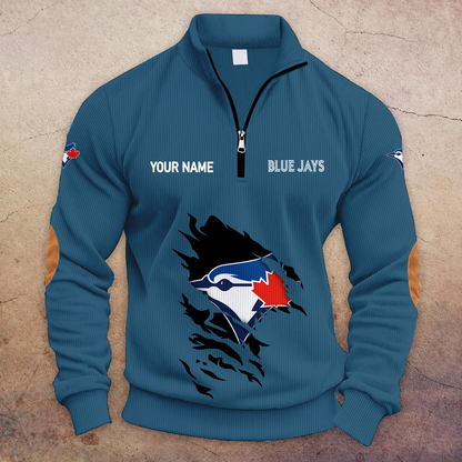 [FLASH SALE] NEW CUSTOMIZED MLB12 TBJ TORONTO BLUE JAYS MULTICOLOR STRIPED QUATER ZIP SWEATSHIRT