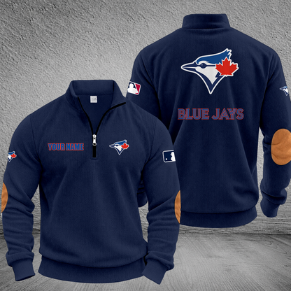 [FLASH SALE] NEW CUSTOMIZED MLB12 TBJ TORONTO BLUE JAYS MULTICOLOR STRIPED QUATER ZIP SWEATSHIRT