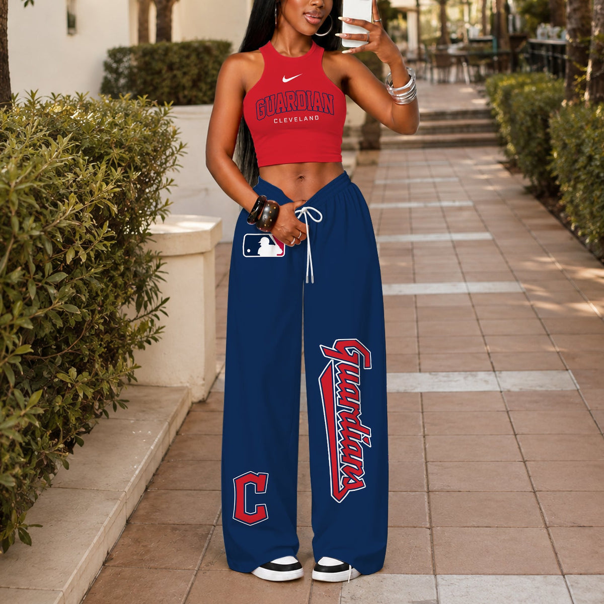 [FLASH SALE] NEW CUSTOMIZED MLB13 CGS CLEVELAND GUARDIANS WOMEN'S CROP TOP & LONGPANTS SET