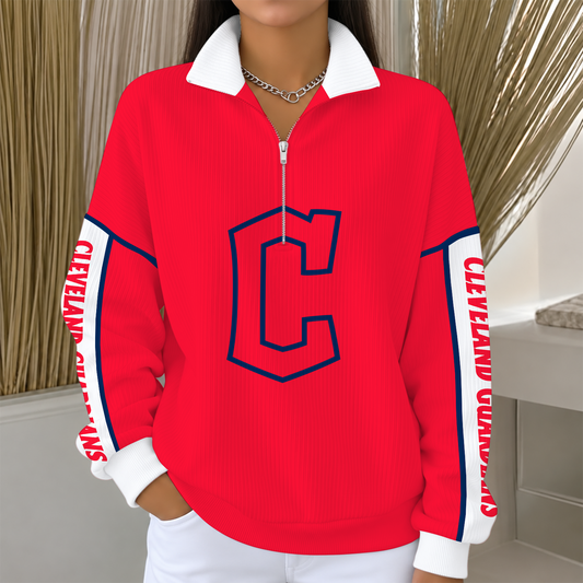 [SPECIAL OFFER] NEW CUSTOMIZED MLB13 CGS CLEVELAND GUARDIANS QUARTER ZIP RIBBED SWEATER