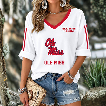 [FAN FAVORITE] NEW CUSTOMIZED NCAA CWS13 OMR OLE MISS REBELS WOMEN'S V-NECK LONG SLEEVE SHIRT