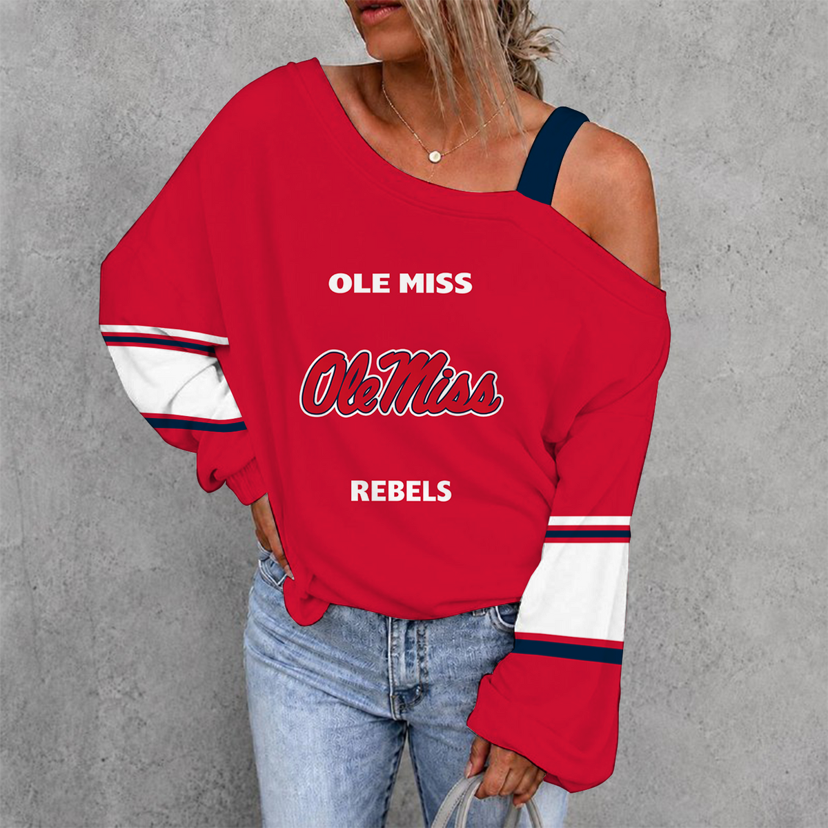[FAN FAVORITE] NEW CUSTOMIZED NCAA CWS13 OMR OLE MISS REBELS WOMEN'S OFF-SHOULDER LONG SLEEVE SHIRT